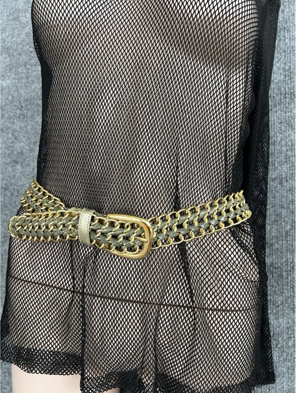 Retro Metallic Gold Green Woven Mesh Chain Belt Braided Crochet Size S/ M.